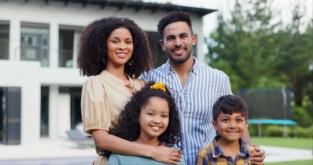 Canvas Print - Happy family, face and outdoor in garden of new house, property investment and pride for real estate. Parents, kids and smile on portrait for moving and mortgage purchase of home with green backyard