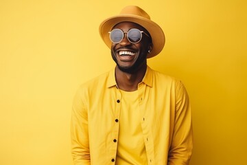 Wall Mural - Portrait of a happy african american man in hat and sunglasses over yellow background