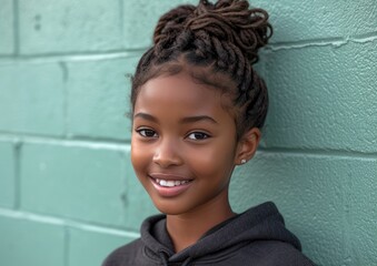 little African American girl with colorful sweatshirt in professional colorful photo studio background