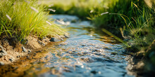 Sunlit Freshwater Stream Flowing Through Lush Green Grass
