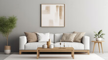 A Simple Light Grey Living Room With White Sofa And A Vase, In The Style Of Muted Abstraction, Light Brown And Beige, Commission For, Tonal, Framing, Beige, Hazy