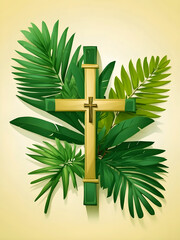 Wall Mural - Christian wooden cross with palm tree leaves background 