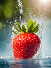 Juicy Strawberries Falling Into Refreshing Water, Surrounded By Vibrant Red And Green Hues, Creating A Delightful Splash