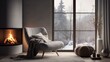 © Ameer - Cozy and minimalist living room with grey chair, fireplace, and window view. Scandinavian style home decor.