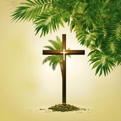 Wall Mural - Christian wooden cross with palm tree leaves background 