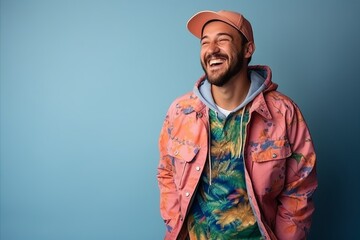 Portrait of a handsome young hipster man laughing against blue background