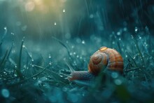 Macro Shot Of A Snail On The Grass After The Rain