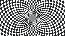 Psychedelic Checkered Circle Background. Round Background With Checkerboard Pattern. Chequer Psychedelic Mosaic. Chess Optical Texture. Vector Illustration On White Background.