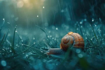 Wall Mural - Macro shot of a snail on the grass after the rain