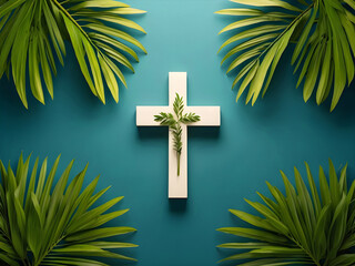 Wall Mural - Christian wooden cross with palm tree leaves background 