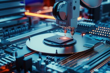 Poster - Robotic manufacturing of semiconductors and computer chips from silicon wafers. Modern technology concept