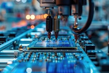 Poster - Robotic manufacturing of semiconductors and computer chips from silicon wafers. Modern technology concept