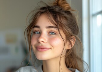 caucasian girl with colorful sweatshirt in professional colorful photo studio background