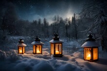 Winter Clothes With Hut Roof Filled With Snow And Scary Green Sky In The Night  With Snow Man Man Cooking Food In Snow With Burning Fire 
Cheerios Hanging On The Branch Filled With Snow Abstract Backs