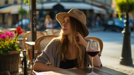 Wall Mural - A youthful French lady sipping on red wine at a bistro in France.