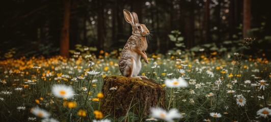 Wall Mural - Happy Easter holiday celebration banner greeting card background - Easter bunny rabbit on fresh meadow with spring flowers