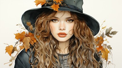 Wall Mural - a girl dressed in autumn leaves and wearing a hat