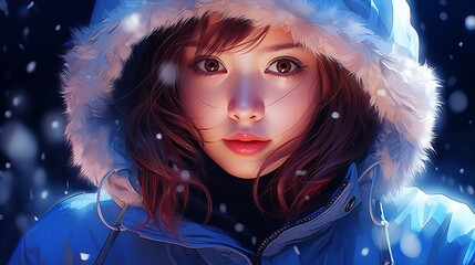 a girl in winter hood in the snow