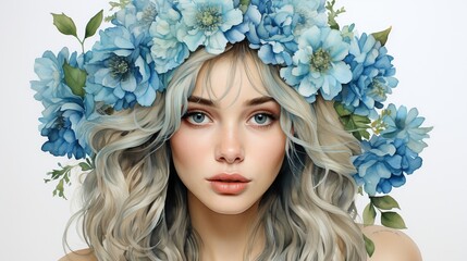 Wall Mural - a girl with blue flowers on her head