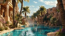 A Tranquil Desert Oasis Nestled Amidst The Arid Landscape, Palm Trees Swaying In A Gentle Breeze, A Shimmering Pool Reflecting The Azure Sky, Vibrant Bougainvillea Blooming Along The Water's Edge