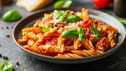 Wall Mural - A plate of pasta with cheese, tomato sauce and basil