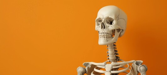 halloween human skeleton isolated on orange background banner