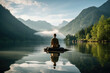 A person meditating beside a tranquil lake, reflecting on the calmness and purity of nature. Concept of meditation and natural serenity. Generative Ai.