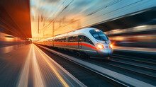 High speed train in motion on the railway station at sunset. Fast moving modern passenger train on railway platform. Commercial transportation.