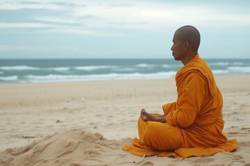 Wall Mural - profile of a monk meditating on a sandy beach