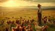 Farmers stand amidst a bustling field filled with contented chickens, embodying dedication to agriculture and animal husbandry