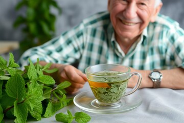 Poster - smiling elder with a cup of herbal tea and fresh mint