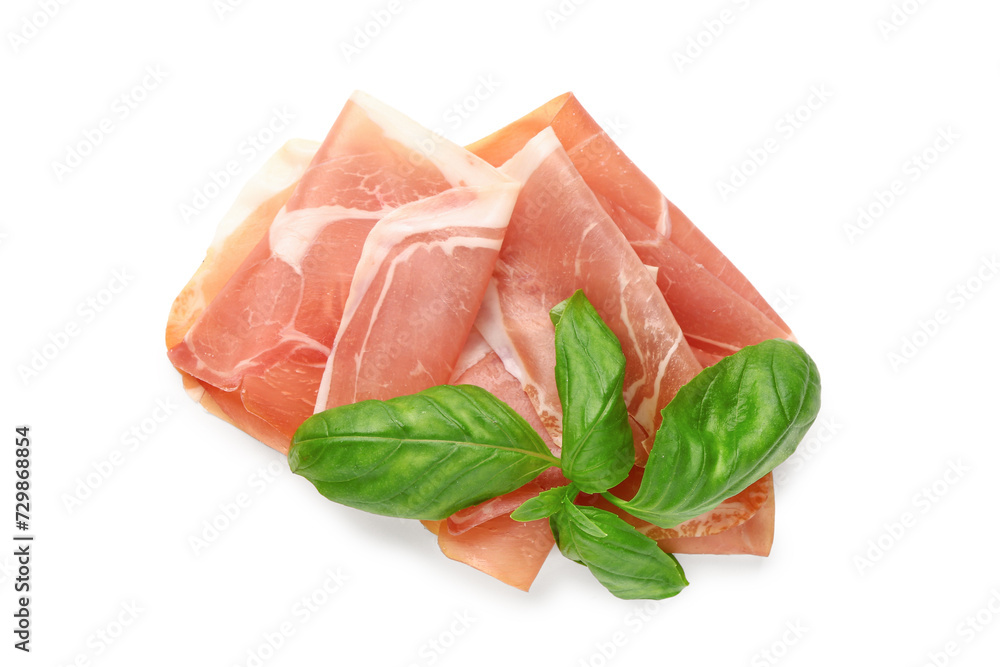 Slices of tasty prosciutto with basil on white background