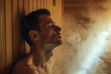 Wall Mural - man breathing deeply, leaning against sauna wall