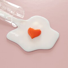 Sticker - Closeup Orange color heart shape  middle pouring milk glass. Creative idea concept. 3D Rendering.