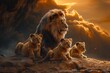 Lion King - A lion and his cubs in a sunset scene, reminiscent of the popular animated movie. Generative AI