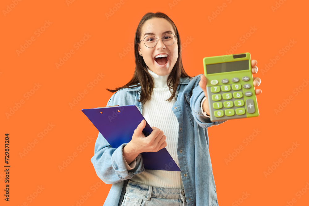 Female seller with clipboard and calculator on orange background