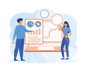 Wall Mural - audit concept. man and woman analyzing business operation using magnifying glass. financial inspecti