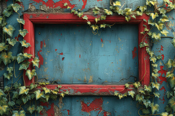 Canvas Print - Front view of a vintage window with cracked paint and climbing ivy on the sides, offering a nostalgic frame for text. Concept of timeless charm. Generative Ai.