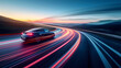 © Christian - a modern electric car speeding along a highway at dusk, captured with motion blur to convey a sense of swift, silent power inherent to electric vehicles