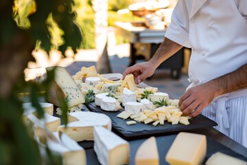 Wall Mural - chef arranging cheese platter on a terrace