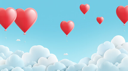 Wall Mural - valentines day sale background with heart balloons on blue sky background with clouds