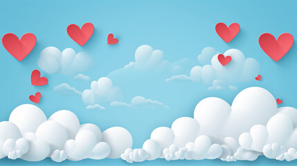 Wall Mural - valentines day sale background with heart shape and clouds on blue sky background