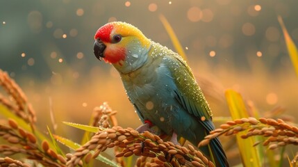 Wall Mural - A male Malabar Parakeet feeding on a rice grains in the fields on the outskirts of Shivmoga, Karnataka 