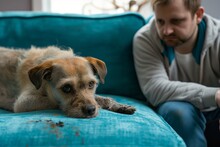 Owner Frowning At Filthy Dog Sprawled On Blue Settee