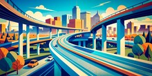 Stylized Cityscape With Colorful Skyscrapers And A Network Of Busy Highway Flyovers Under A Clear Sky. Depicts Urban Life And Transportation In A Vibrant Metropolis.
