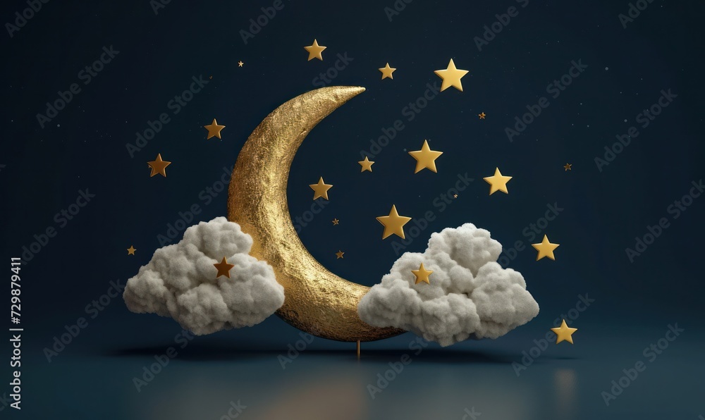 Golden crescent moon with stars and clouds on dark night sky background ...