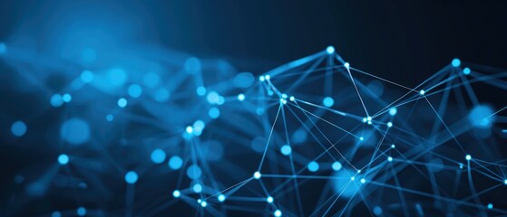 Blue background digital network connecting with moving lines and dots low-poly wireframe