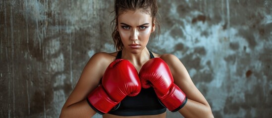 Wall Mural - Attractive woman in red boxing gloves, displaying fitness.