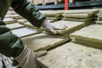 Poster - individual wearing gloves arranging mineral wool slabs in a storage room