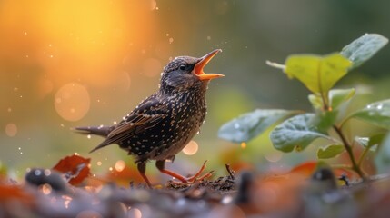 Wall Mural - Songbird, Common Starling, Sturnus vulgaris,flying to the nesthole to feed begging chicks with opened beak against spring forest in background. 